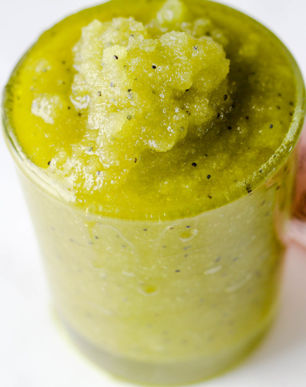 This kiwi moisturizing sugar scrub recipe for oily and dry skin is made with richly hydrating hemp seed oil and poppy seeds!