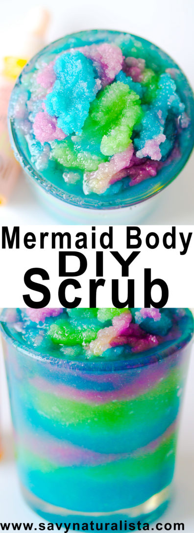Make this easy Mermaid Body Sugar Scrub DIY! You can make this pretty mermaid scrub with only a few simple ingredients that will make the perfect baby shower or wedding gift to shimmer the skin! Savy Naturalista