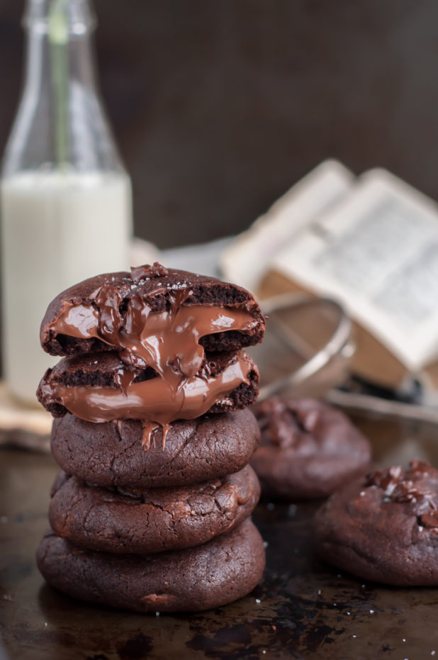 If Double chocolate chip cookies weren’t already tempting enough, they are now packed with melting Nutella lava flowing out when you break them apart.